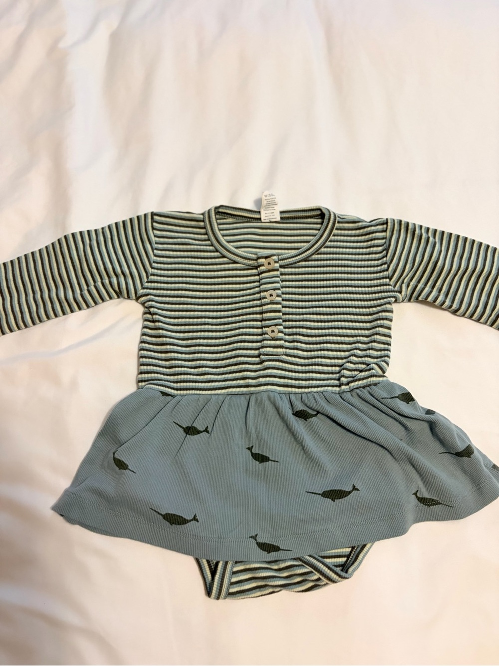 kate quinn Green and Cream Striped Long-Sleeve Dress Onesie with Whale Skirt